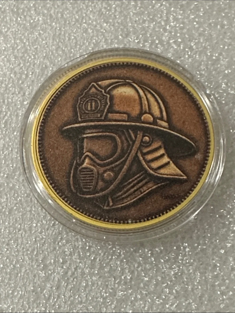 Antique Bronze Firefighter Challenge Coin with Gold Rim